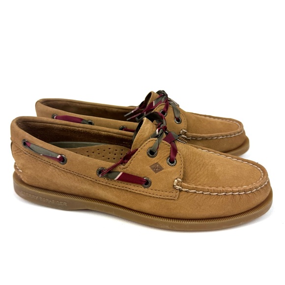 Sperry loafers original 2 eye ribbon laced preppy academic leather tan boat shoe